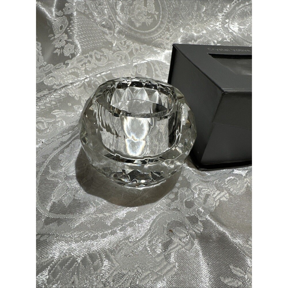 OLEG CASSINI Cut Ball CRYSTAL VOTIVE Candleholder / ORIGINAL BOX & Papers / 3in.